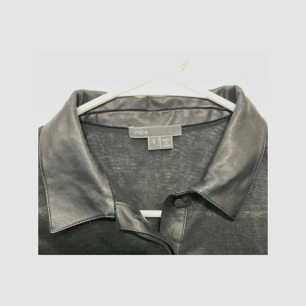 Vince Faux Leather Trim Linen Black Top Size Small Short Sleeve $245 Lightweight - Picture 6 of 6